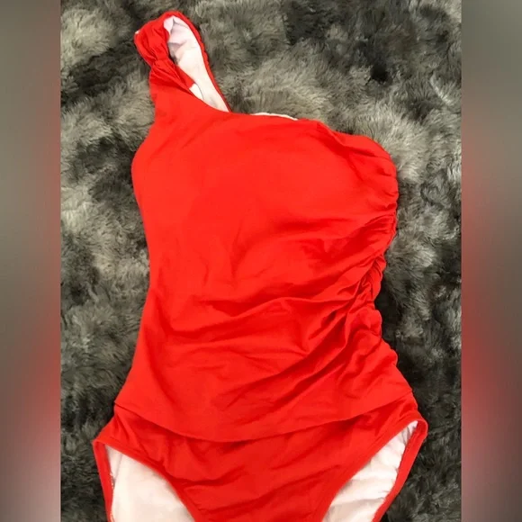 HILOR ORANGE RED SALMON PEACH MONOKINI ONE PIECE ONE SHOULDER BATHING SUITS - Picture 4 of 8